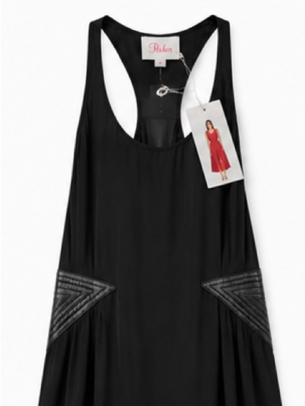 Parker Black 100% Silk Racerback Mini Dress Leather Detail M